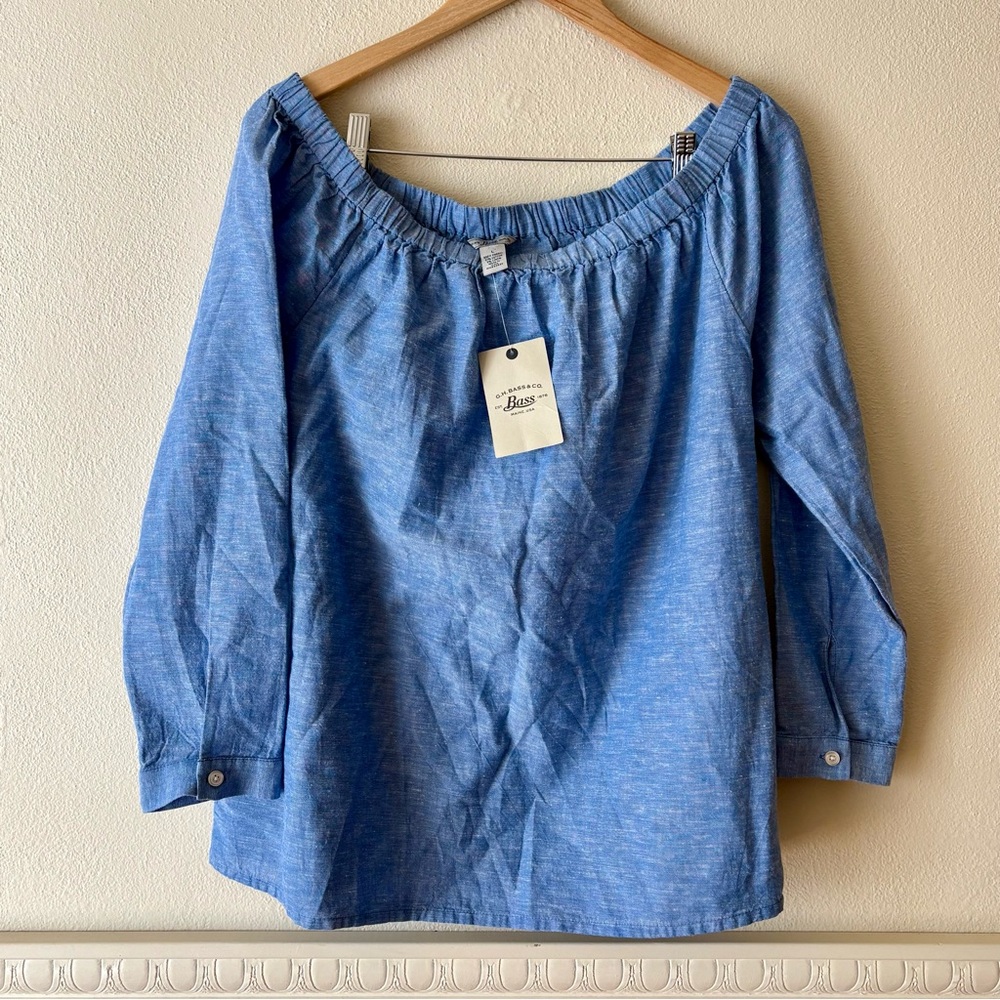 G.H. Bass & Co. cotton‎ linen blend blue wide neckline peasant top NWT